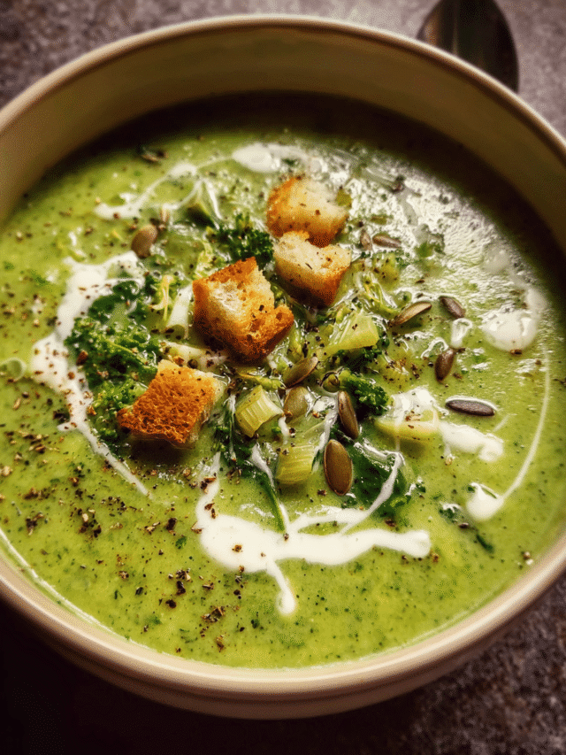 Immunity-boosting Green Goddess Soup in ceramic bowl