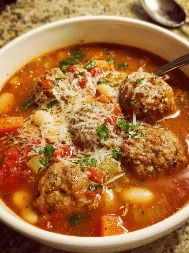 Italian meatball soup served in rustic bowl