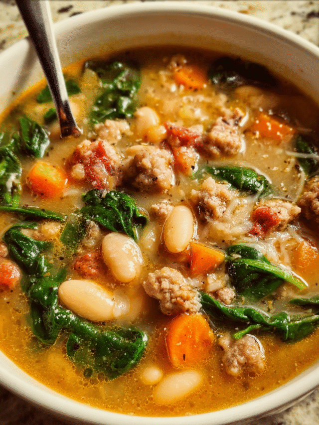 Italian Sausage White Bean Soup in a bowl with spinach and cannellini beans