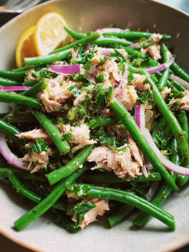 Italian Tuna Green Bean Salad on a rustic platter