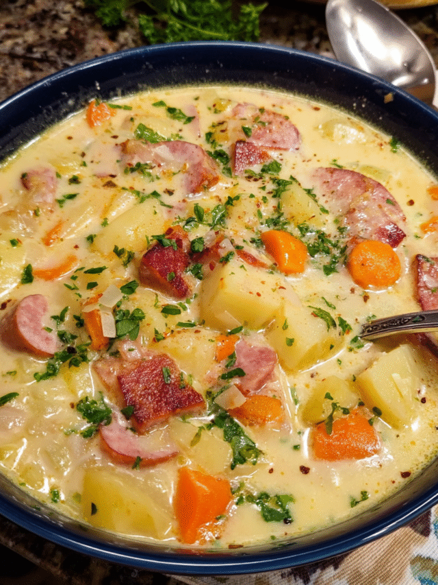 Creamy kielbasa potato soup with smoked sausage, tender potatoes, and fresh herbs in a warm bowl