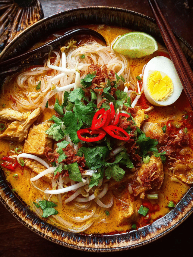 Laksa noodle soup with creamy coconut broth and toppings