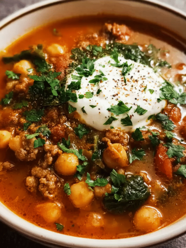 Lamb Shawarma Chickpea Soup in rustic kitchen setting