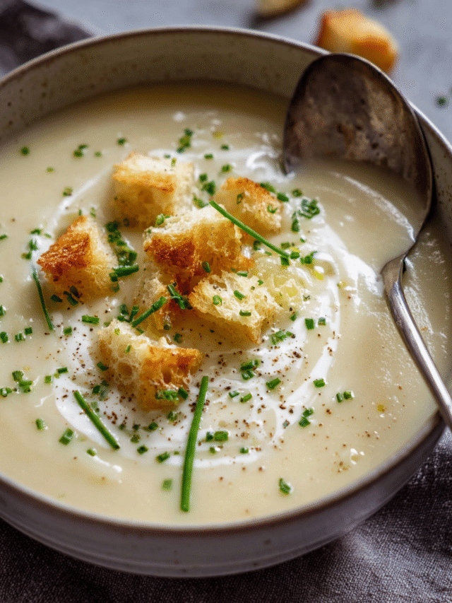 Leek and Potato Soup served with chives and croutons