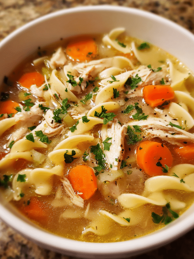 Leftover Turkey Noodle Soup in rustic bowl