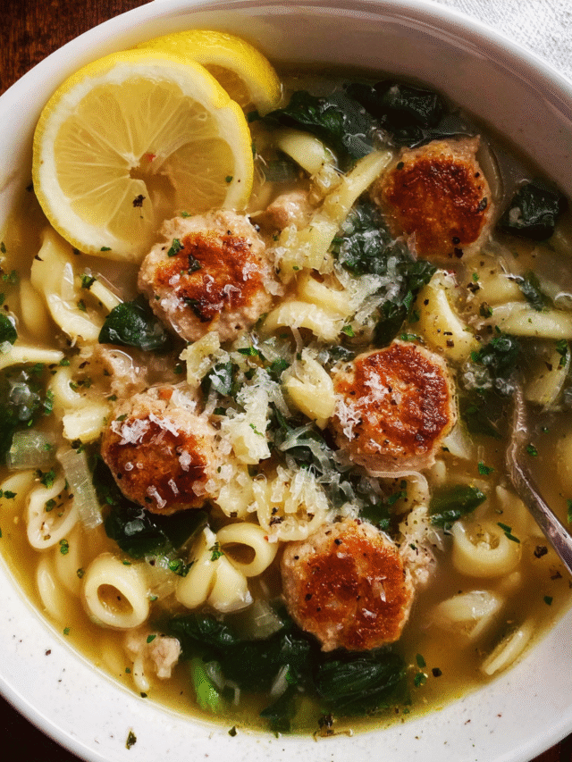 Bowl of lemon chicken meatball soup with pasta and spinach