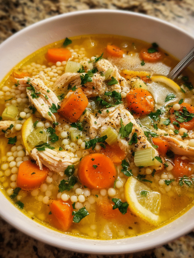 Bowl of lemon couscous chicken soup with herbs and vegetables