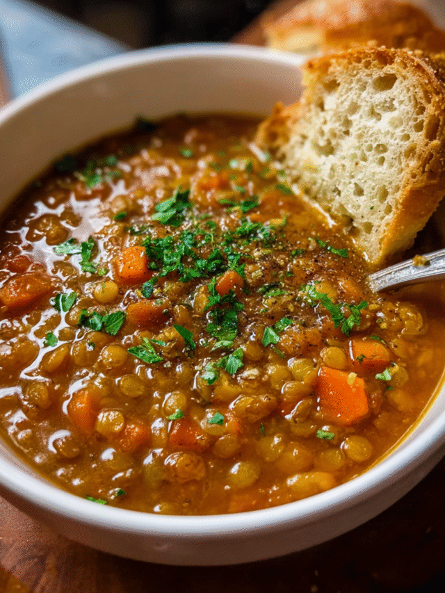 Lentil soup in rustic bowl with parsley and lemon