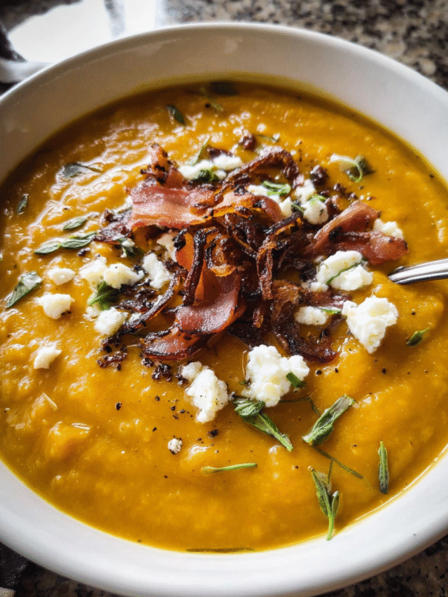 Loaded Baked Sweet Potato Soup in a bowl with toppings