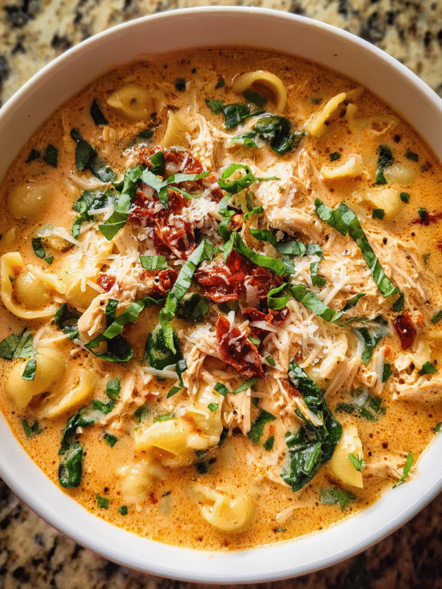 Marry Me Chicken Soup in a bowl with pasta and spinach