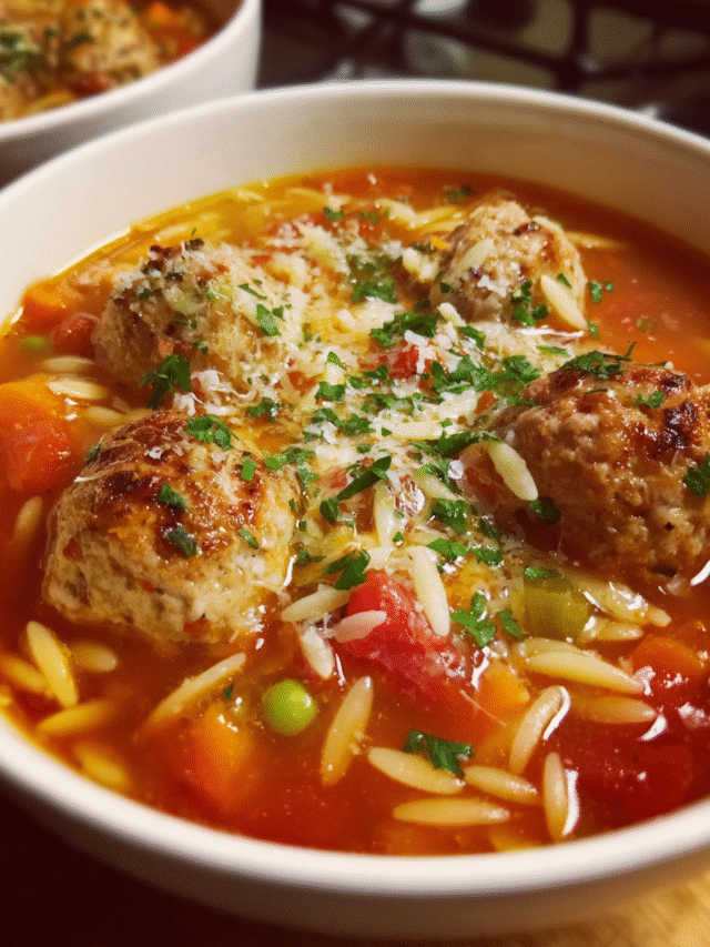bowl of meatball soup with orzo and Parmesan