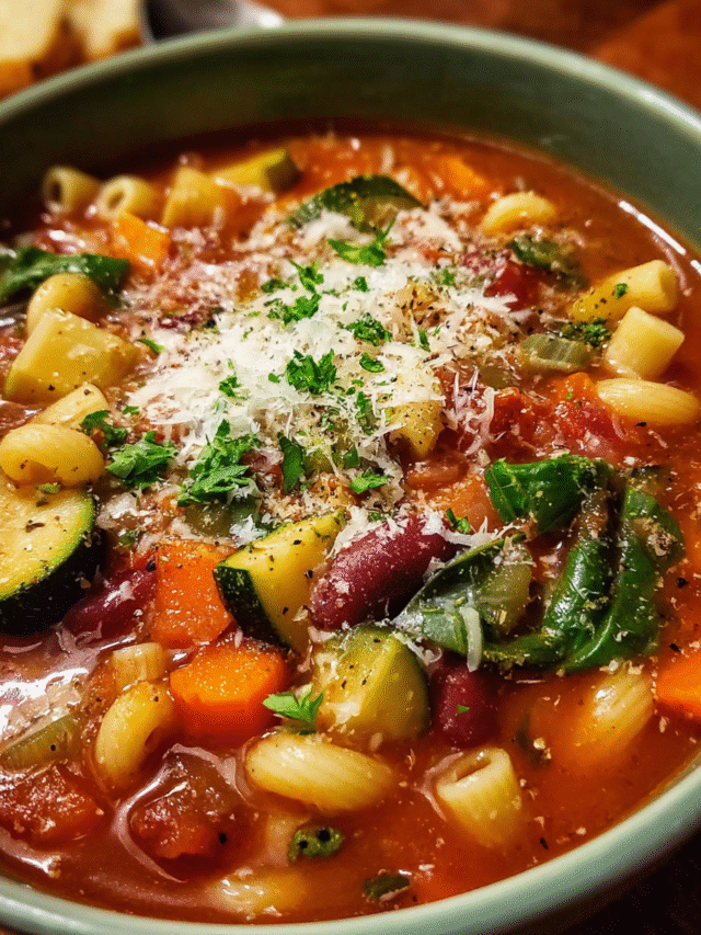 Hearty bowl of minestrone soup with vegetables and bread