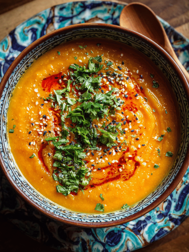 Moroccan Carrot and Lentil Soup in a bowl with herbs and harissa