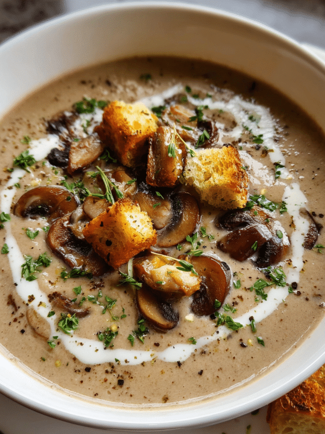 Creamy mushroom soup in rustic bowl
