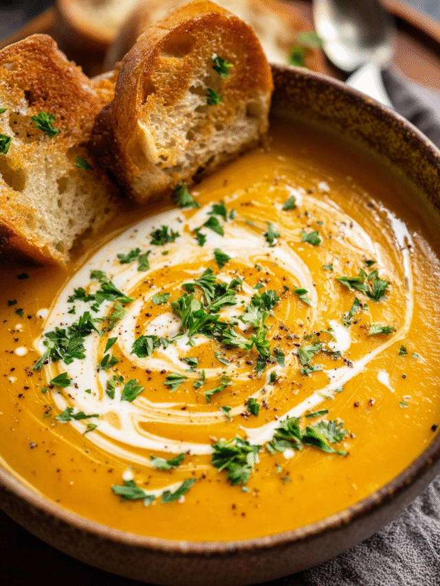 Bowl of no chop roast pumpkin soup with garnish