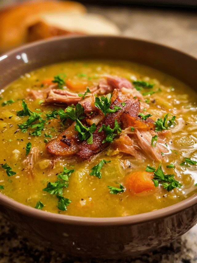 Pea and ham soup in a rustic bowl with parsley and bread