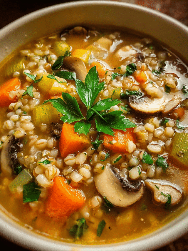 Pearl Barley Soup in rustic bowl with fresh vegetables