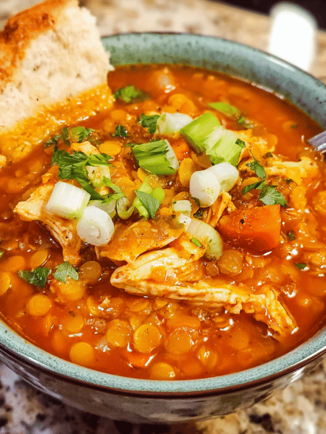Bowl of red lentil chicken soup with garnish