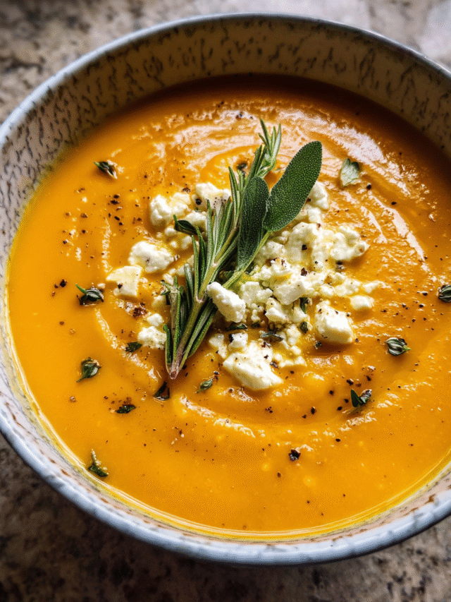 Roasted Butternut Squash Feta Soup in a bowl with herbs and crumbled feta