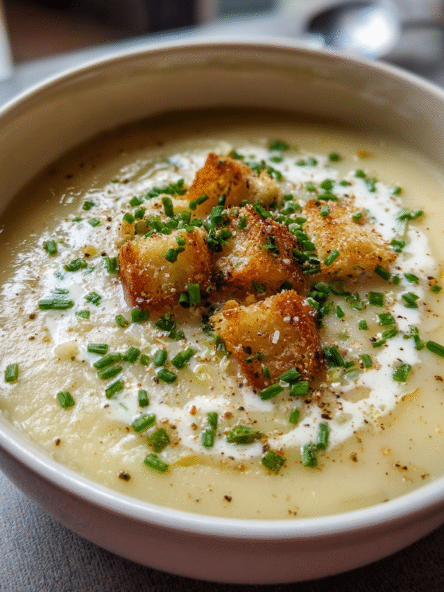 Roasted Garlic Potato Soup in a bowl with chives and parmesan