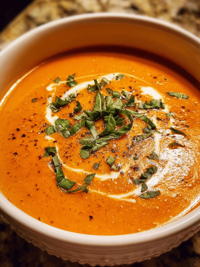 Roasted red pepper soup in rustic bowl