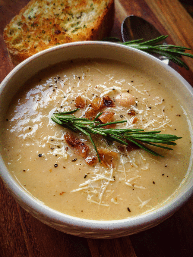 Rosemary and Roasted Garlic White Bean Soup in rustic bowl