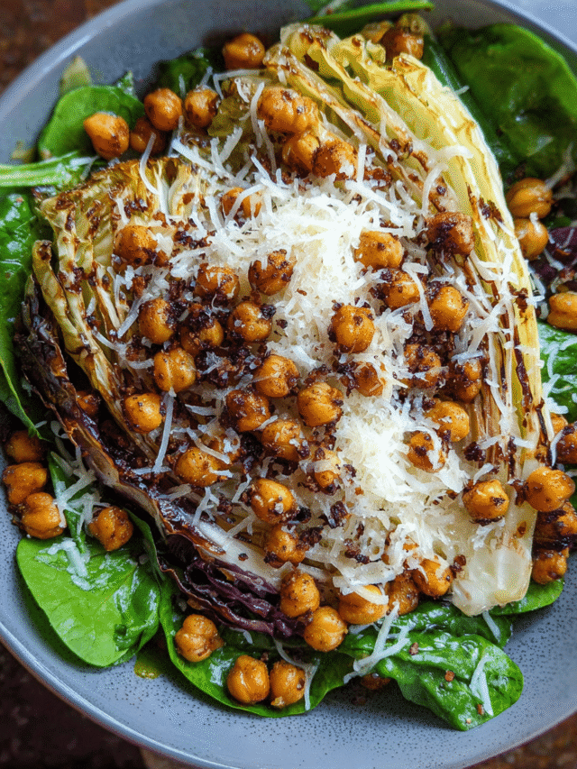 Sweetheart Cabbage Salad with Gyoza Chickpeas and Parmesan plated