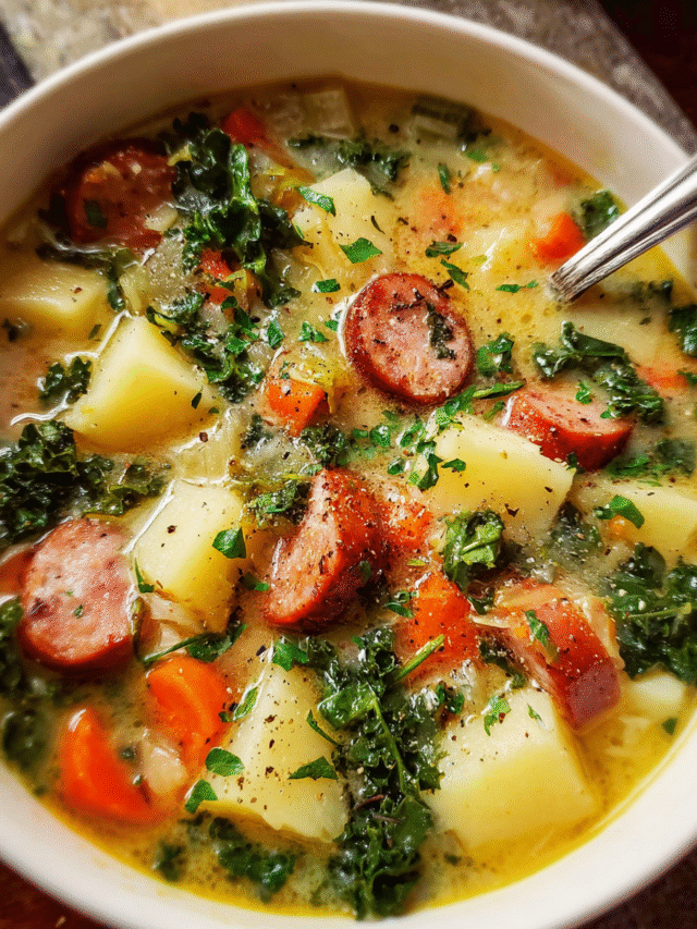 Bowl of sausage potato soup with kale with steam rising