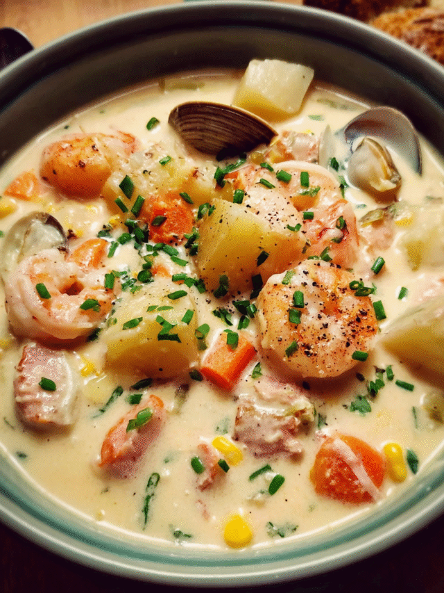 Creamy seafood chowder in white bowl with bread