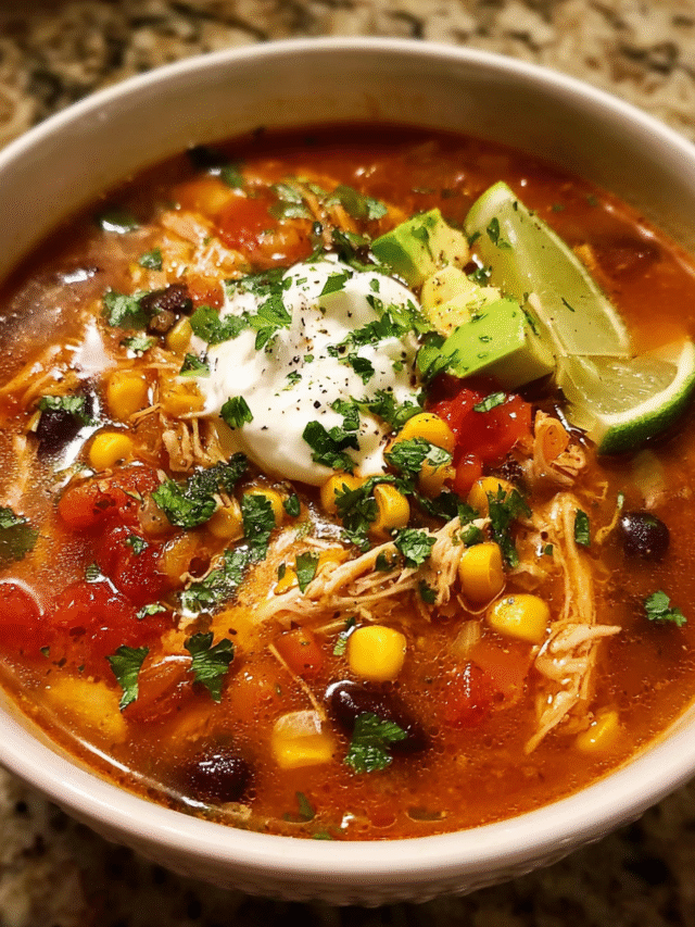 slow cooker Mexican chicken soup topped with avocado and cilantro