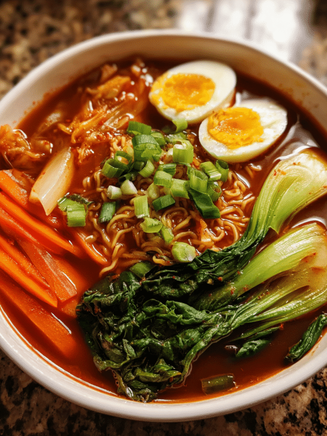 Spicy Korean Noodle Soup served hot with toppings