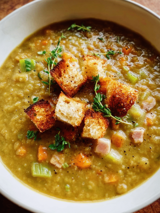 Split Pea Soup with Ham in a bowl with garlic croutons