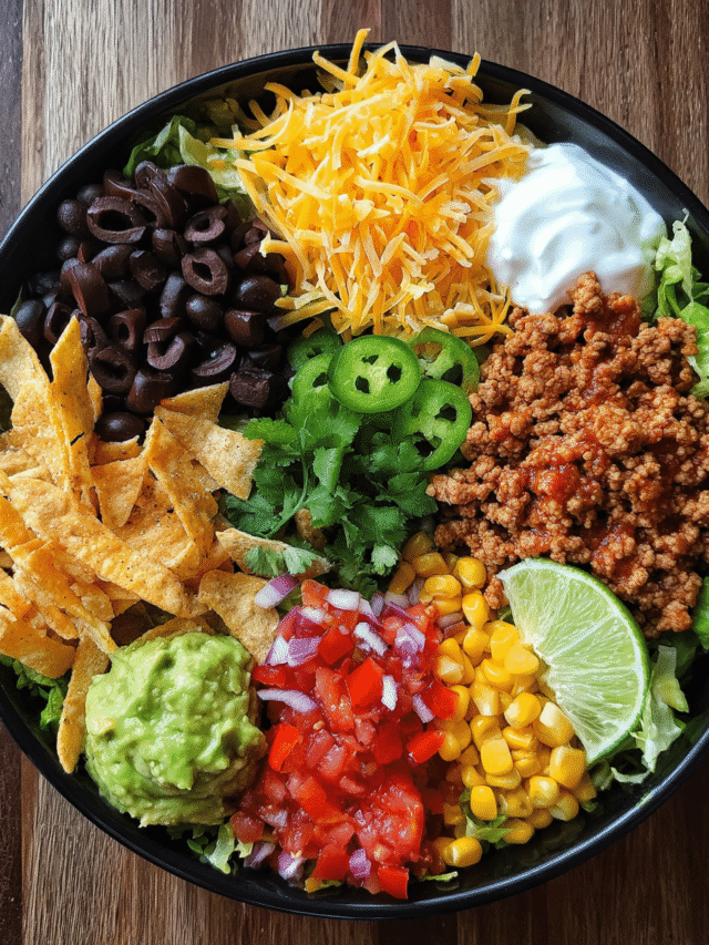 Taco salad meal prep in glass containers with fresh ingredients
