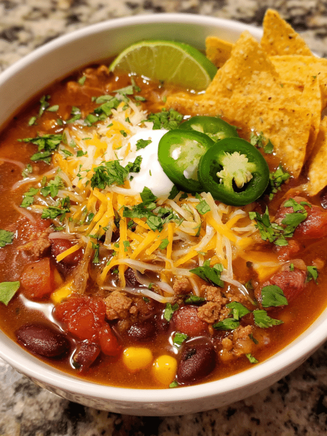 Hearty taco soup with toppings in rustic bowl