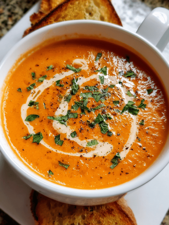 Creamy tomato bisque soup in white bowl with parsley