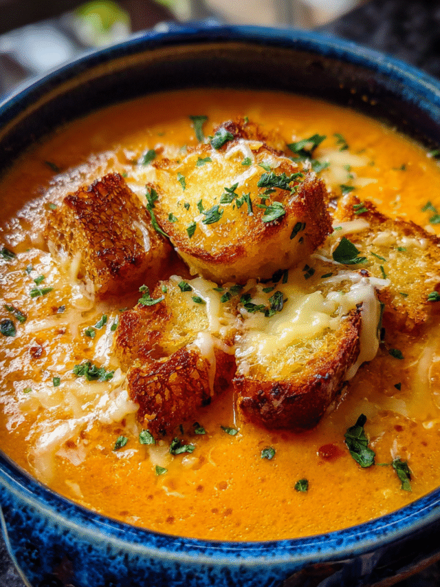 Tomato soup topped with grilled cheese croutons in a bowl