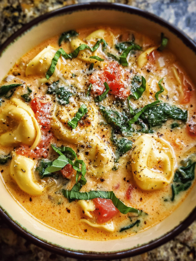 Bowl of creamy tomato tortellini soup with spinach and basil