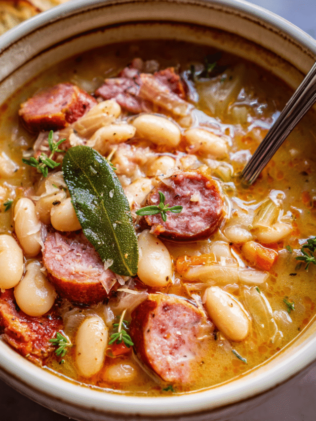 Tuscan bean soup in a white bowl with sausage and herbs