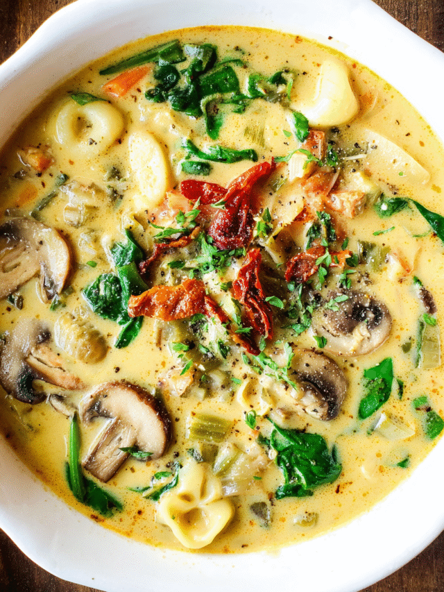 Vegan Tuscan Soup with Mushrooms in a bowl with spinach and pasta