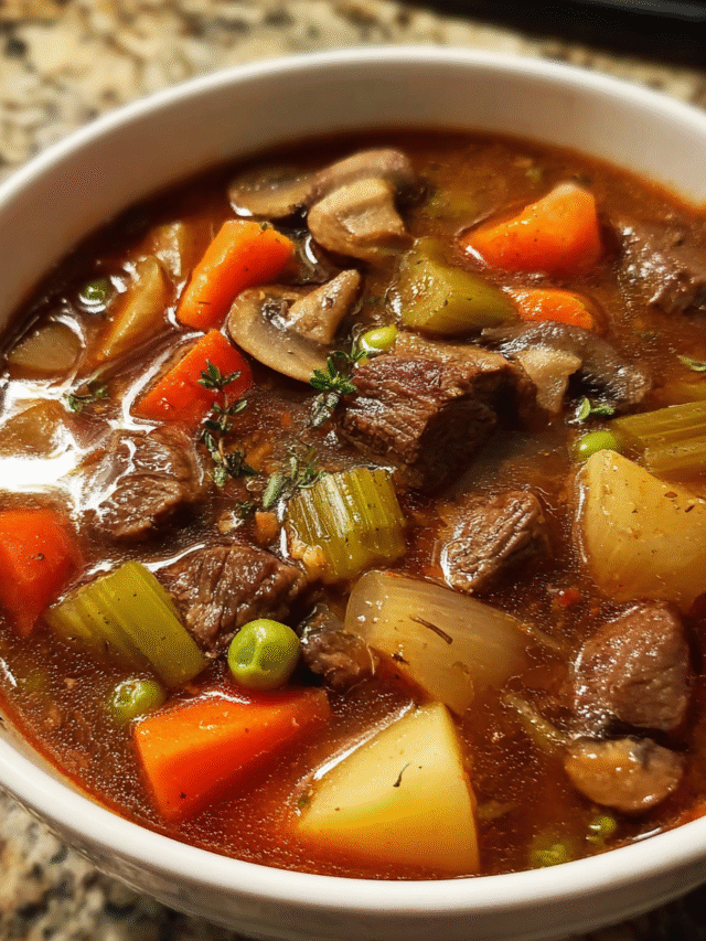 Vegetable beef soup in rustic bowl with bread and vegetables