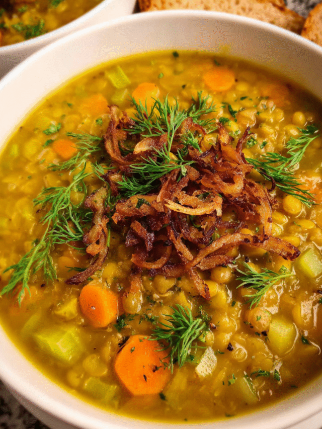 vegetarian split pea soup in rustic bowl