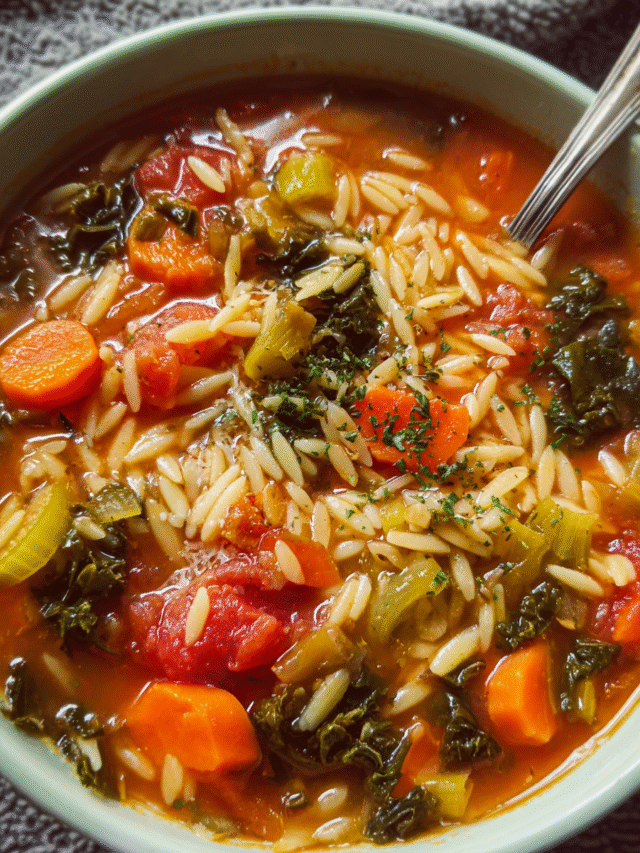 Veggie Orzo Soup in a bowl with vegetables and pasta
