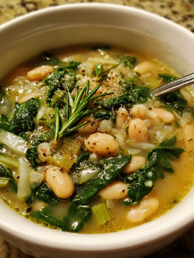 White Bean and Spinach Soup in rustic bowl