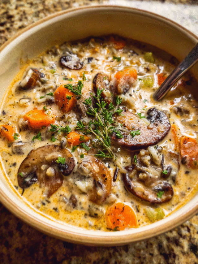 Creamy wild rice and mushroom soup in a bowl with fresh herbs