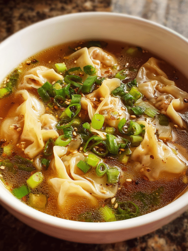 Steaming bowl of homemade chicken wonton soup