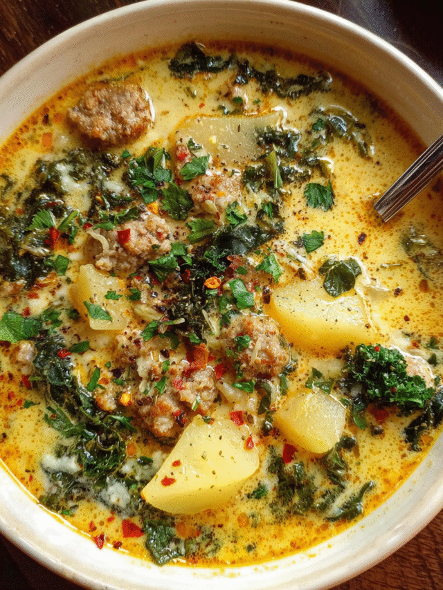 Zuppa Toscana creamy soup in rustic bowl