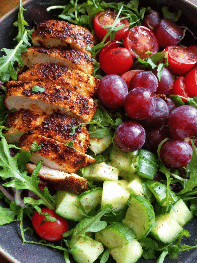 Blackened chicken and grape arugula salad in a rustic bowl