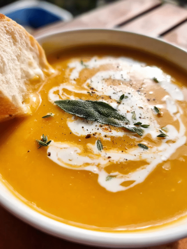 classic Pumpkin Soup in rustic bowl