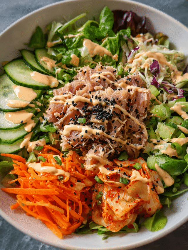 Kimchi salad with greens, vegetables, and spicy dressing