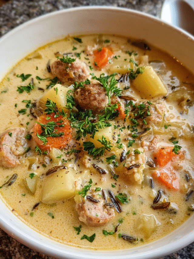 Bowl of creamy potato and sausage chowder with vegetables